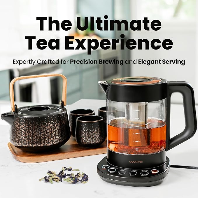 Viante Luxury Tea Set, Electric Kettle With Infuser, Gift for Tea Lovers | Borosilicate glass body plus ceramic teapot, 4 ceramic cups & bamboo tray. No plastic ever touches your water