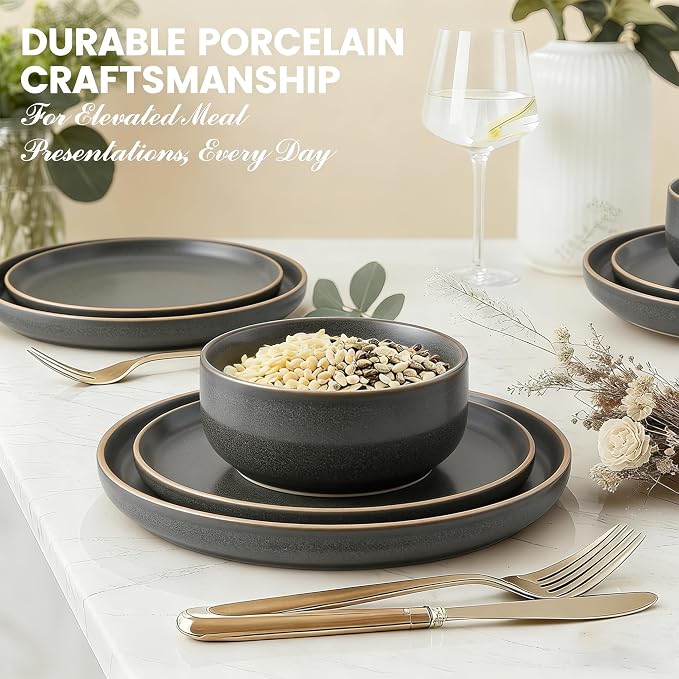 Plates and Bowls Sets,12 Pieces Round Porcelain Dinnerware Sets,Dishes, Plates, Dishware Sets,Chip Resistant Ceramic Dish Set Dining Dinner Ware Service for 4