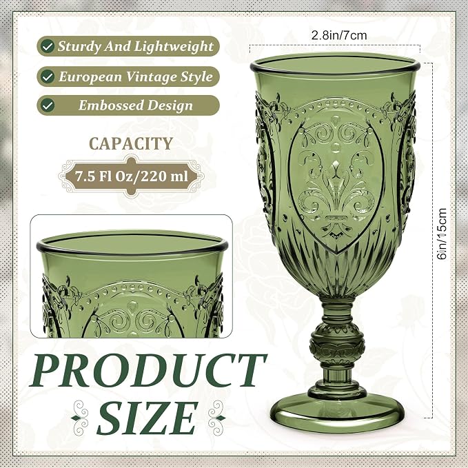 Wiwiqing 48 Pcs Plastic Goblets 7.5oz Vintage Goblet Plastic Wine Glasses Colored Retro Embossed Water Goblets for Wine Bar Juice Baby Shower Wedding Reception Grand Event Party (Olive Green)
