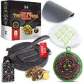 Movaluxe® Tortilla Press 8 Inch Cast Iron LARGE – Corn & Flour Roti Maker Machine Heavy Duty Tortillera Presser. With Parchment Paper, Warmer Pouch, Taco Holders, Rubber Mat & Digital Culinary Guide