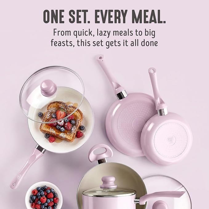 GreenLife 16-Piece Nonstick Cookware Set, Non-Toxic Ceramic Pots and Pans Set, Durable Healthy Kitchen Essentials, Fast Heating, Induction Ready, Easy Clean Dishwasher Safe, PFAS-Free, Blush Pink