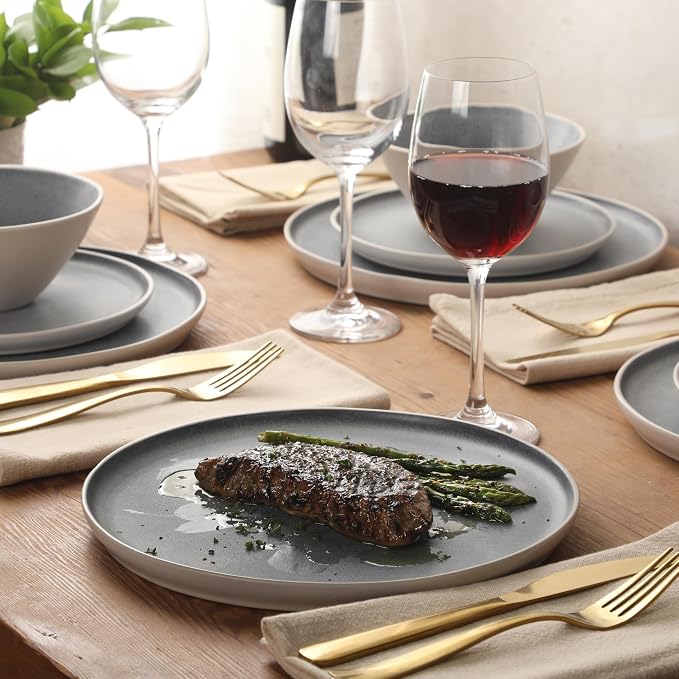 Gibson Elite Coastal Forest Plates and Bowls Sets, 12-Piece Stoneware Dinnerware Sets, Triple Reactive Glaze Dish Set - Grey and Cream White