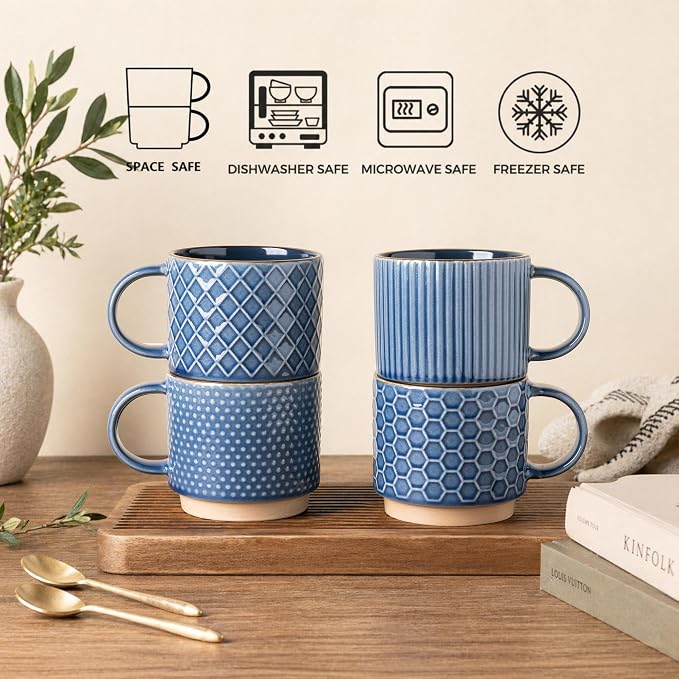 GBhome 15OZ Stackable Coffee Mugs, Ceramic Coffee Cups with Texture Patterns for Man,Woman,Dad,Mom, Modern Mugs Set of 4 for Latte/Cappuccino/Cocoa. Dishwasher&Microwave Safe, Blue