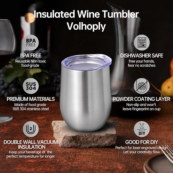 Volhoply 12oz Stainless Steel Wine Tumbler with Lid Bulk 8 Pack,Double Wall Vacuum Stemless Wine Glasses,Reusable Metal Travel Coffe Mug with Straw,Insulated Cup Gifts for Christmas（Silver,8 Set）