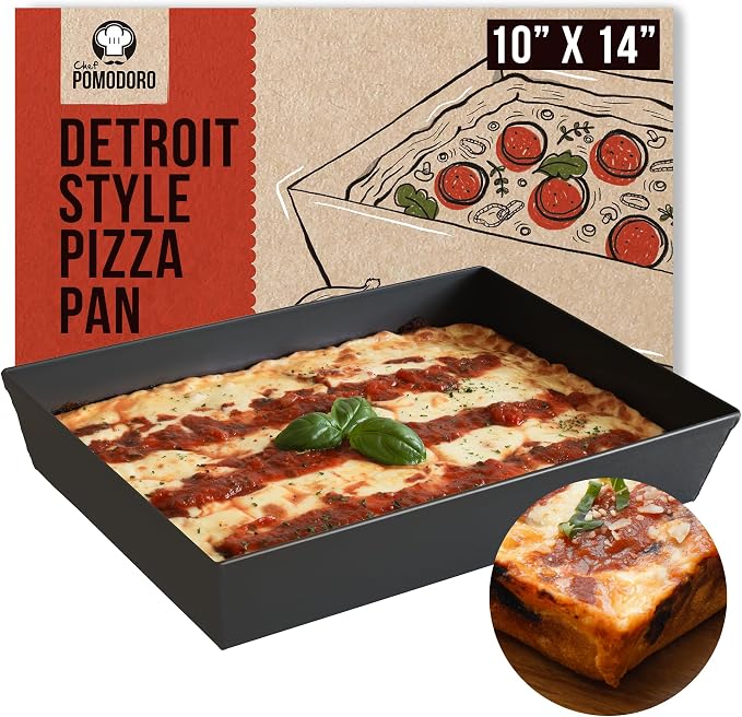 Chef Pomodoro Detroit Style Pizza Pan, 10 x 14 inch, Hard Anodized Rectangular Aluminum Deep Dish Pizza Pan, Pre-Seasoned Bakeware Kitchenware | Pre-Seasoned Nonstick Rectangular Bakeware, 2.5in Deep, Great for Casseroles, Focaccia & Deep Dish Desserts