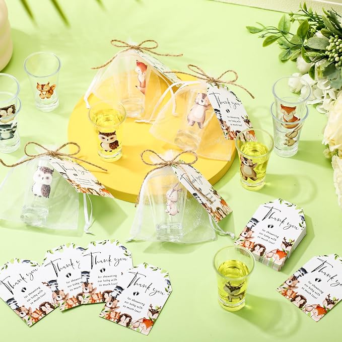 Pickmesh 25 Sets Woodland Baby Shower Party Favors Jungle Animal Shot Glasses with Thank You Tags Bags for Animal Jungle Theme Baby Shower Gender Reveal Party