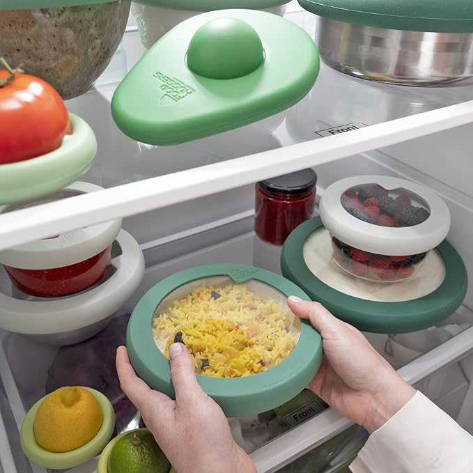 Food Huggers Replacement Lids for Glass Storage Containers Silicone & Glass Lids that Don’t Crack | Fits Most Round Container Brands & Bowls | 100% Plastic Free | 1 Lid (Small), Gradual Green