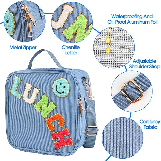 Lunch Box with Bento Box with 4 Compartment, with Leak Proof Thermo Food Jar, Preppy Corduroy Insulated Lunch Bag for Boys Girl Kids Teens School Travel Picnic (Blue)