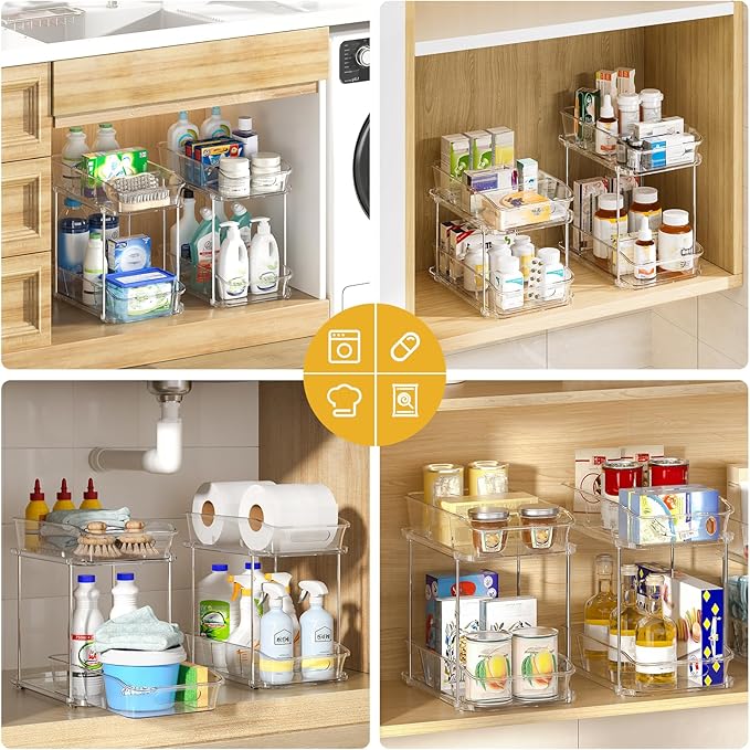 Delamu 4 Pack Bathroom Organizers and Storage, 2 Tier Clear Under Sink Organizer & Set of 4 Acrylic Cabinet Organizer Shelf for Kitchen
