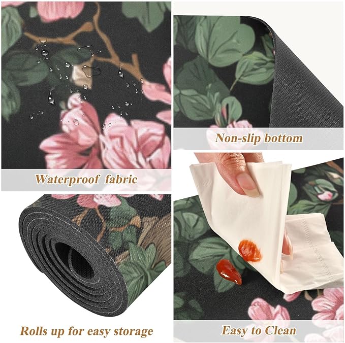 2-in-1 Table Runner Trivet for Hot Dishes Heat Resistant Hot Plate Mat Pad 39x12 Inch Waterproof Table Protector Trivets for Countertop Non Slip Decorative Retro Black Rabbits and Flowers