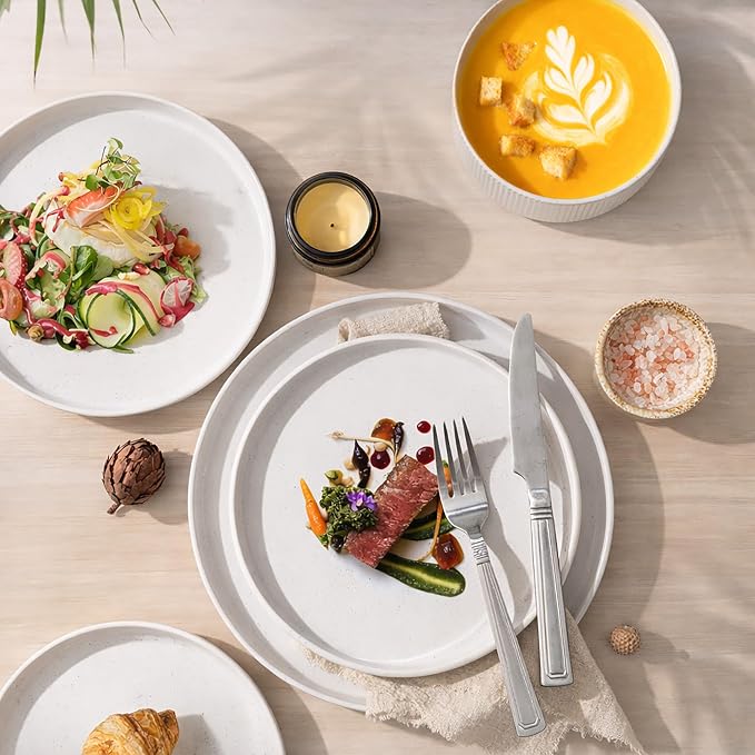 GBHOME Stoneware Dinnerware Sets for 4, 12 Pieces Lightweight Ceramic Ribbed Plates and Bowls Set, Reactive Glaze Stackable Plate Sets, Scratch Resistant Dishes, Microwave & Dishwasher Safe,White
