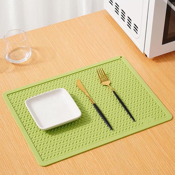 Silicone Drying Mat & Heat Resistant Mat for Kitchen Counter, Non-Slip Dishwasher Safe, Raised Edge for Dishes Bottles Sink (15.35x11.61in, Green)