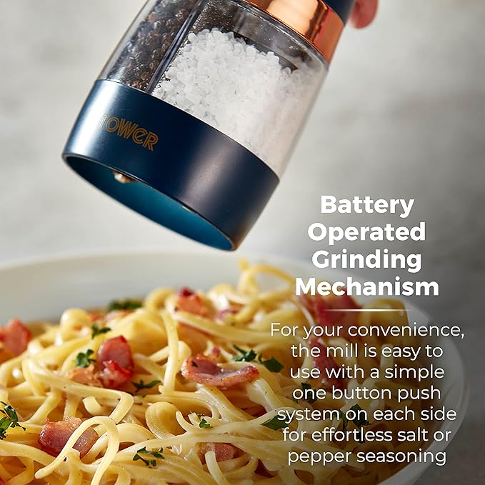 Tower T847004MNB Electric Salt and Pepper Mills, Battery Operated with Adjustable Ceramic Grinders, Midnight Blue and Rose Gold