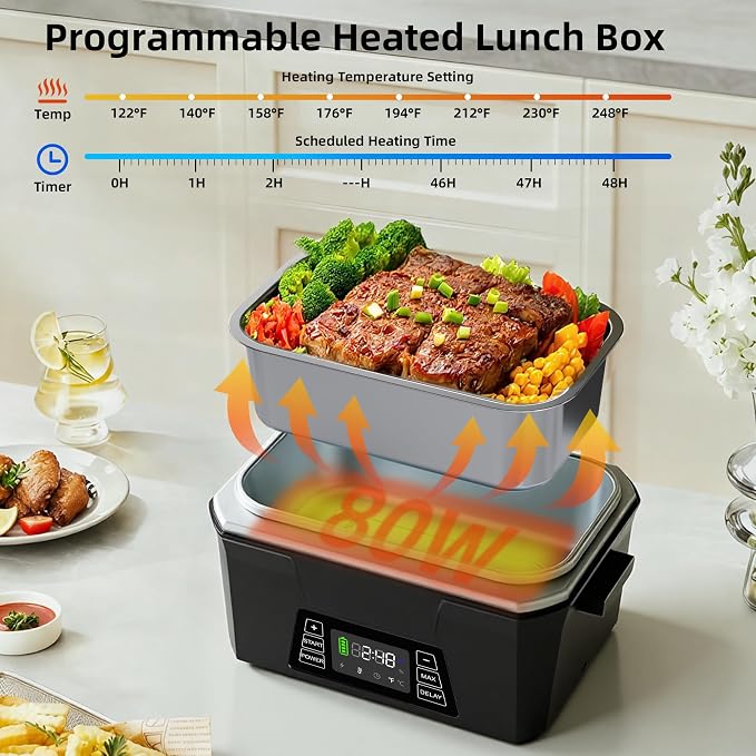Vabaso Cordless Electric Lunch Box for Adults, App Control Heated Lunch Box with Detachable Battery, 1.2L Self Heating Lunch Box with Timer, Memory & Auto Keep Warm for Work Travel Outdoor
