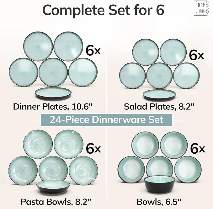 24 Piece Stoneware Dinnerware Set for 6 - Handmade Reactive Glaze Plates and Bowls Set - Chip & Scratch Resistant Dish Set - Dishwasher Microwave Safe - Dark Sage Green