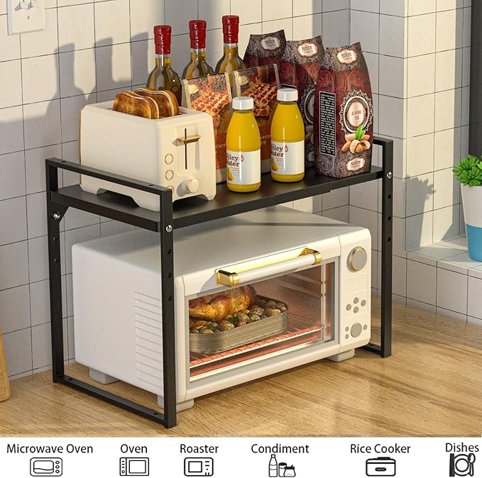 2 Tier Expandable Microwave Oven Rack, Height Adjustable Heavy Duty Microwave Toaster Countertop Stand Metal Shelf Rack, Pantry Shelf Organizers for Kitchen Counter Organization, Black
