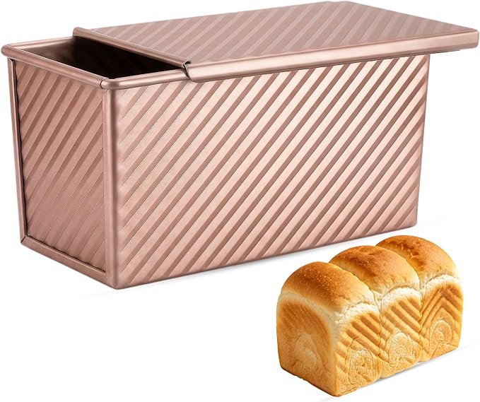 Pullman Loaf Pan with Lid, Aluminized Steel 1 Lb Nonstick Sandwich Bread Pan for Homemade Bread, 8.4x4.8 Inch Professional Rectangular Loaf Pan with Dough Scraper and Cutter