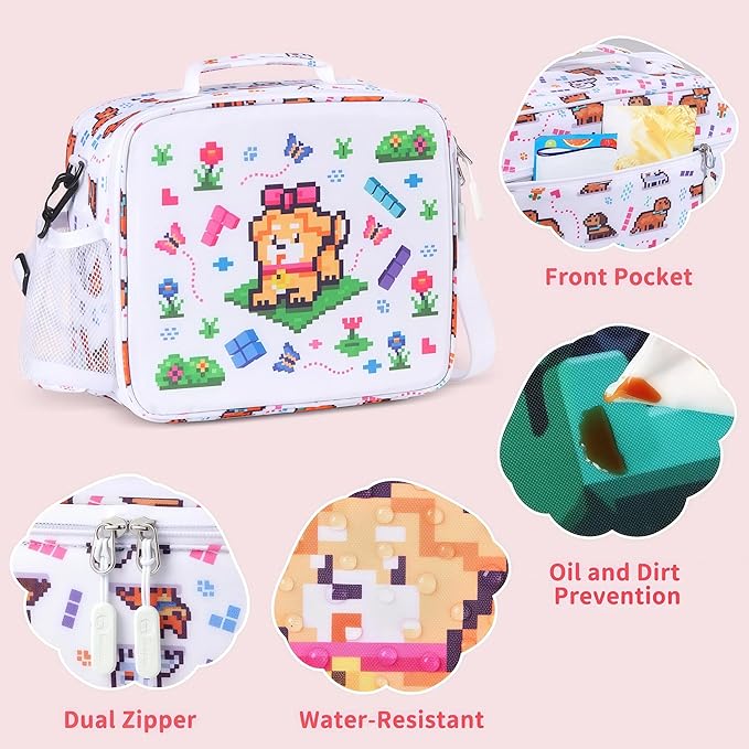 rockpapa Kids Lunch Box Set with 14oz Insulated Water Bottle & Lunch Bag, Leakproof 5.5 Cups Bento Box for School & Children, BPA-Free, Microwave Safe for Boys Girls (White Pets)