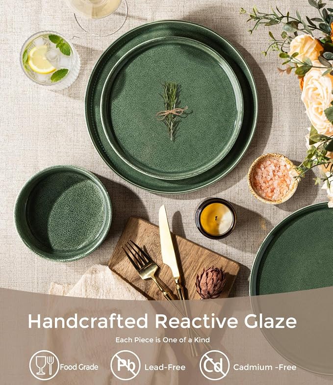GBHOME 18-Piece Stoneware Dinnerware Set for 6 – Ribbed Ceramic Plates and Bowls, Scratch-Resistant, Microwave & Dishwasher Safe, Reactive Glaze, Dark Green