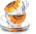 STP GOODS Sunflowers Glass Tea Cup and Saucer Set of 2 Glass Teacups 6.8 fl oz (200 ml) Cups with Matching Saucers for Two, Tea Coffee Set for 2, Coffee Cups, Dishwasher and Microwave safe