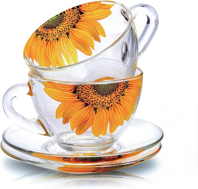 STP GOODS Sunflowers Glass Tea Cup and Saucer Set of 2 Glass Teacups 6.8 fl oz (200 ml) Cups with Matching Saucers for Two, Tea Coffee Set for 2, Coffee Cups, Dishwasher and Microwave safe