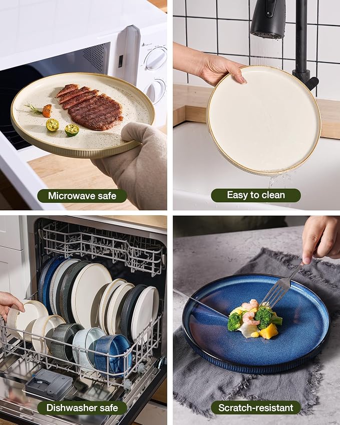 Famiware Star 16-Piece Stoneware Dinnerware Set with Trim, Service for 4 -Ceramic Mugs, Plates and Bowls, Modern Rustic Dishes with High Edge, Chip/Scratch Resistant, Microwave/Dishwasher Safe, White
