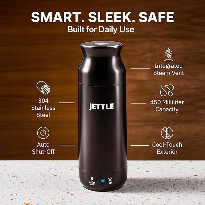 Jettle Electric Kettle - Travel Portable Heater for Coffee Tea Milk Soup - Stainless Steel Travel Water Boiler tea pot with Temperature Control - LED - Automatic Power Off - 450ml - Kitchen Appliance