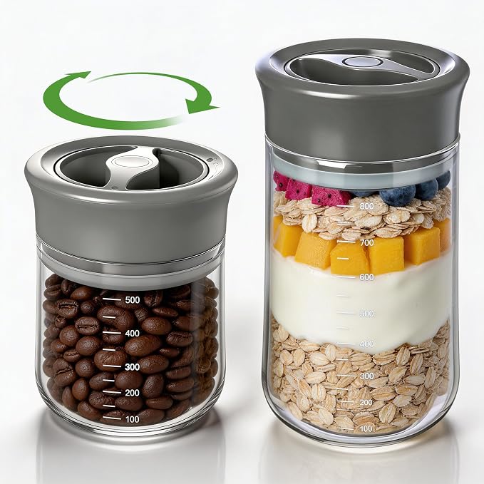 Glass Overnight Oats Containers with Lids - 2 Pack Airtight Food Storage Containers with Twist Lock, Coffee Canister, Leakproof Canning jars Wide Mouth for Chia Pudding & Yogurt, Tea