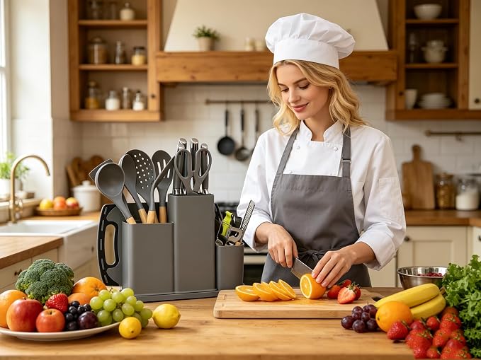 Kitchen Utensils and Knives Set, 20PCS Knife and Cooking Spoon Tools Set with Storage Holder, Sharp Stainless Steel Knife Sets with Bread, Chef Knife Cutting Board (Grey)