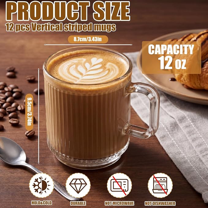 12 Pack Glass Coffee Mugs with Handles, 12 Ounces Glass Breakfast Mugs Bulk, Clear Tea Cups for Hot/cold Drinks, Glassware Set for Americano, Latte, Cappuccino (Classic)
