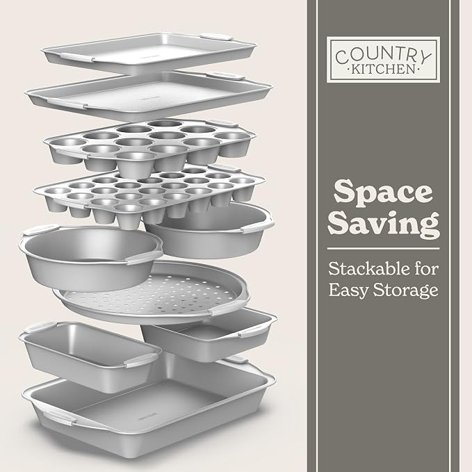 Country Kitchen Nonstick Stackable Bakeware Set - Heavy Duty, Durable, Easy Release Baking Set, Silver, 10 Pcs