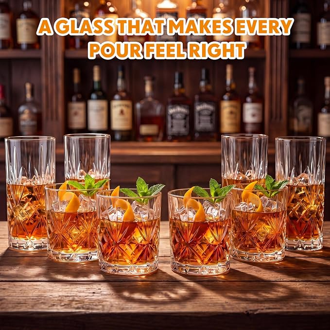 Whisky Drinking Glasses Set of 8, Mixed Glassware Set, 4 Pcs Crystal Whiskey Glasses 12 oz Highballs and 4 Piece 8 oz Cocktail Rocks Glass for Bourbon Scotch Liquor Cocktails Barware