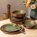 GBHOME Stoneware Dinnerware Sets for 4, 12 Pieces Rustic Earthenware Plates and Bowls Set, Handmade Reactive Glaze Ceramic Plate Sets, Chip Resistant Dishes, Microwave & Dishwasher Safe, Green Brown