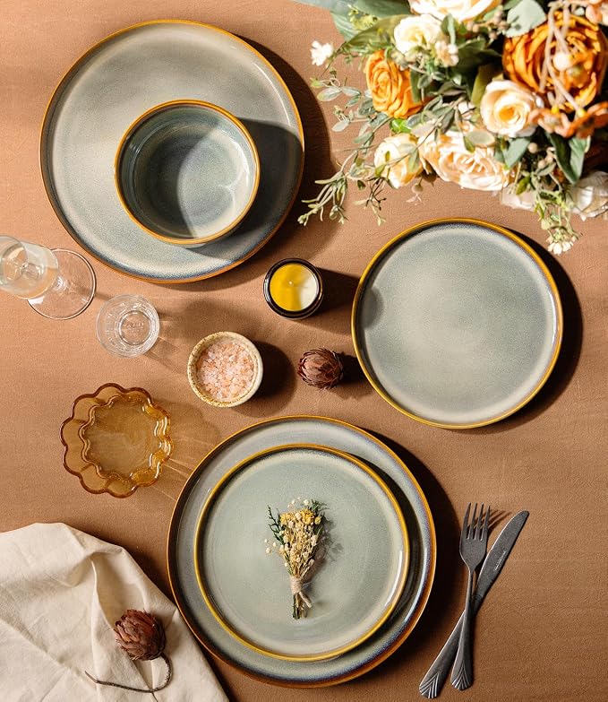 Ceramic Dinnerware Sets for 8, 24 Pieces Handmade Reactive Glaze Plates and Bowls Set, Scratch Resistant Dish Set, Oven & Microwave & Dishwasher Safe, Dusk Blue
