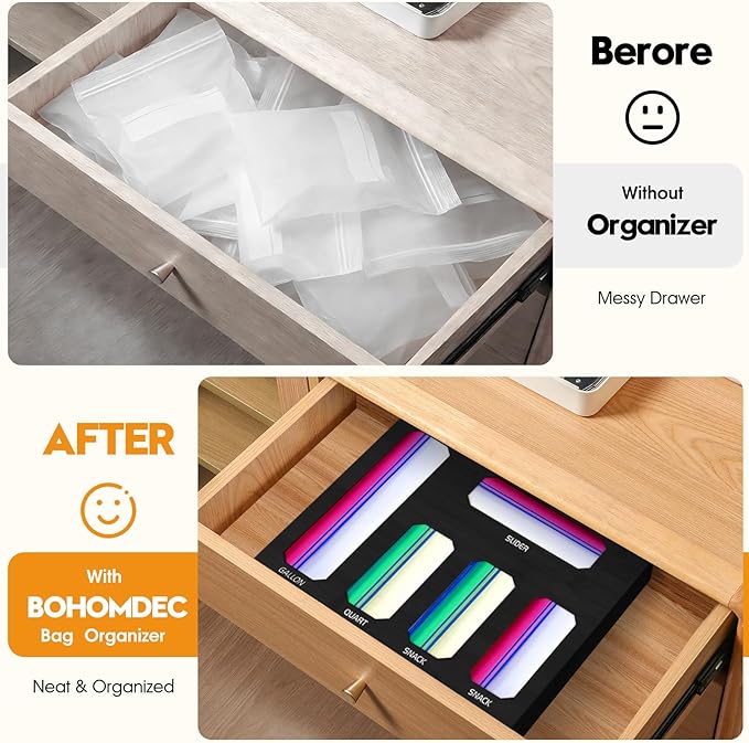 Bamboo Ziplock Bag Storage Organizer for Drawer -Black, 5 in 1 Baggie Organizer with 24 Labels - Fits Gallon, Quart, Sandwich & Snack Bags - Wall Mountable Kitchen Drawer Organizer