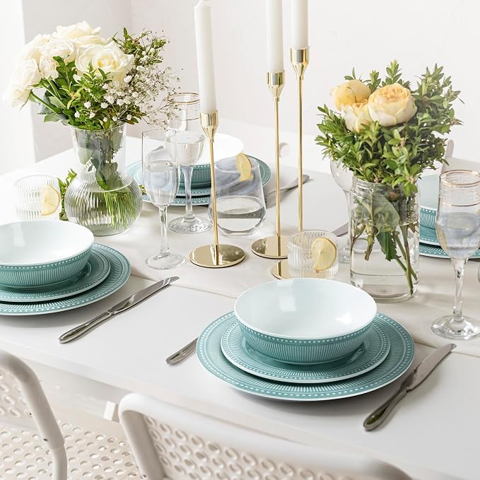 AELS Melamine Dinnerware Set of 12 Pcs, Dinner Dishes Set for Indoor and Outdoor Use, Melamine Plates and Bowls Set for 4, Dishwasher Safe, Lightweight Unbreakable, BPA Free, Green