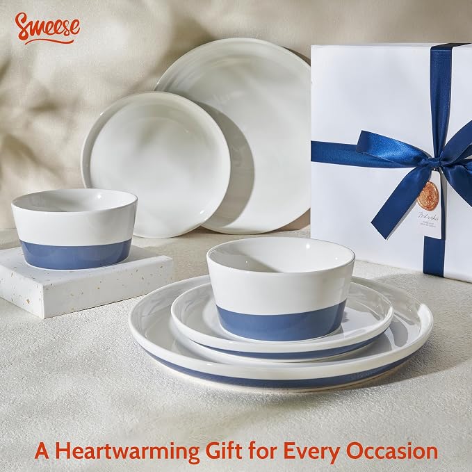 Sweese 18 Pieces Porcelain Dinnerware Set, Modern Dish Set for 6, Hand Painted Kitchen Plates and Bowls Sets, Scratch Resistant Dishware Sets, Dishwasher & Microwave & Oven Safe Dinner Set, Blue
