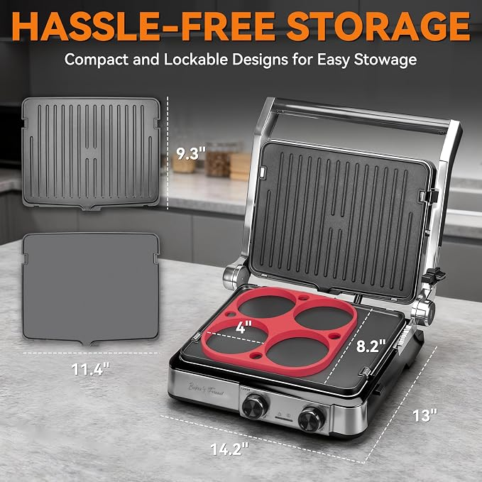 Baker's Friend 4-slice Panini Press Grill Cheese Sandwich Maker, Electric Grill Indoor with Temperature Setting, Opens 180 Degrees, Dual Non-stick Surfaces, 4-circle Silicone Mold, Reversible Plates