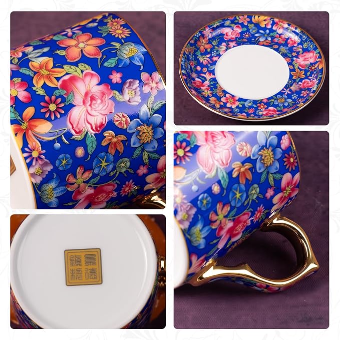 KAMMAK Tea Cups and Saucers Set of 2, Porcelain Coffee Cups, 6oz Stackable Espresso Mugs, Ceramic Demitasse for Coffee, Latte, Americano, Tea (649N+650N)