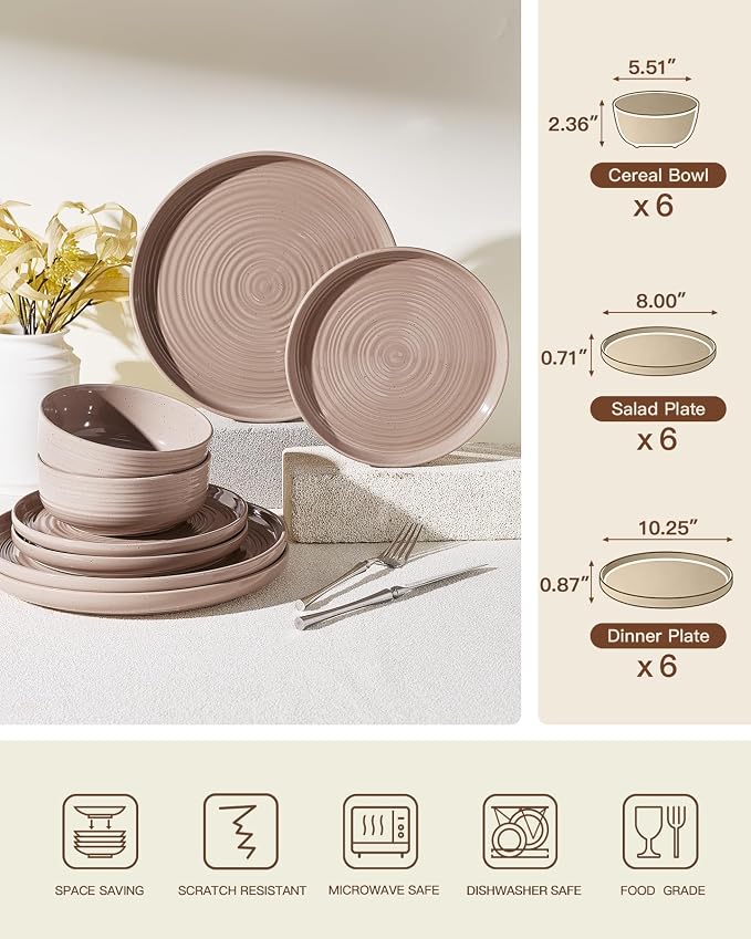 18-Piece Stoneware Dinnerware Sets for 6 - Coupe Plates and Bowls with Speckles & Spirals - Chip & Scratch Resistant, Microwave & Dishwasher Safe - Farmhouse Dishes - Gift Box, Brown
