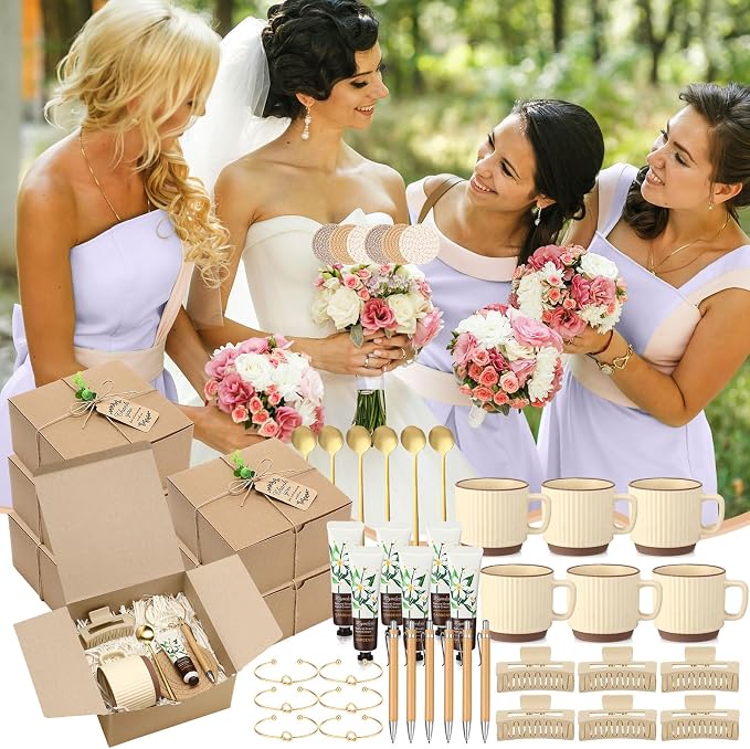 Reallnaive 61 Pcs Baby Shower Prizes for Game Winners Include Ceramic Mug Coaster Hand Cream Pen Spoon Bracelet Hair Clip Card Gift Box with Raffia for Guests Gender Reveal Bridal Shower Party(Beige)