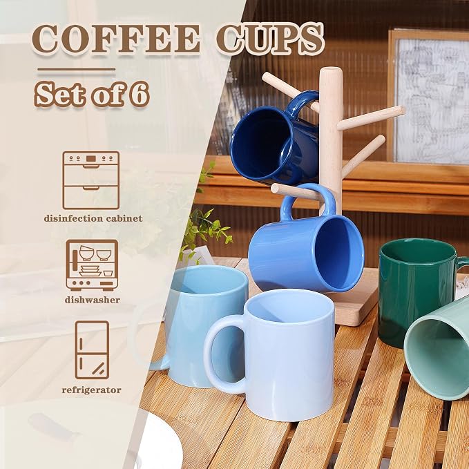 Multi-Coloured Ceramic Mugs Set of 6-11.2 oz / 330ml -Coffee Mugs-Cappuccino-Tea Cups- Hot Chocolate Cups (Cool Color, Large)