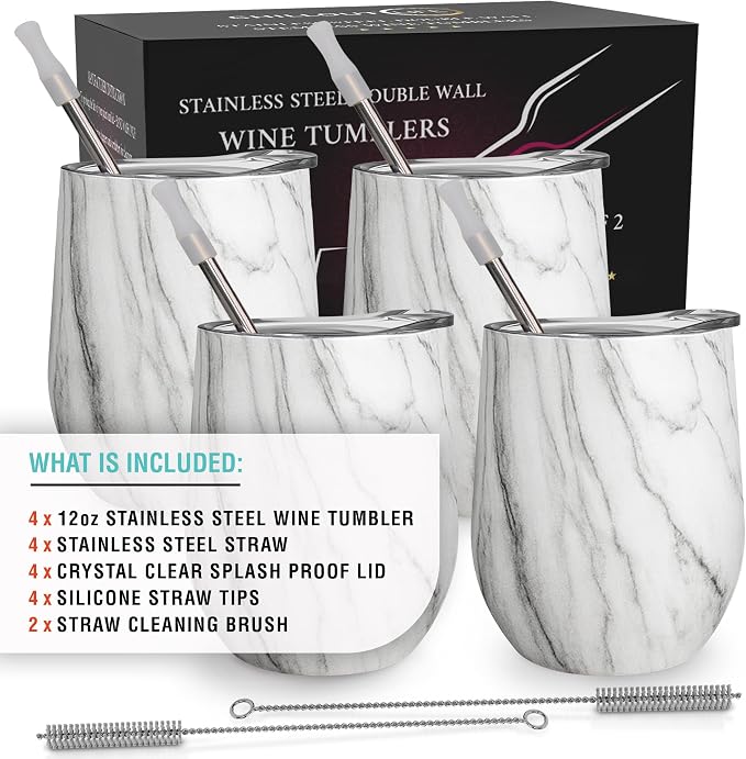 CHILLOUT LIFE 12 oz Stainless Steel Wine Tumblers 4 Pack - Double Wall Vacuum Insulated Wine Glasses Cups with Lids and Straws Set Keeping Cold & Hot for Coffee, Beer, Ice Cream - Carrara Marble