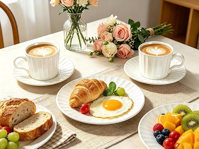 7.5oz Ceramic Cappuccino Cup with Saucer and Spoon Set of 4 | Porcelain Coffee Cups Set for Latte, Tea, Espresso,Cappuccino,Dishwasher and Microwave Safe,Pearl White