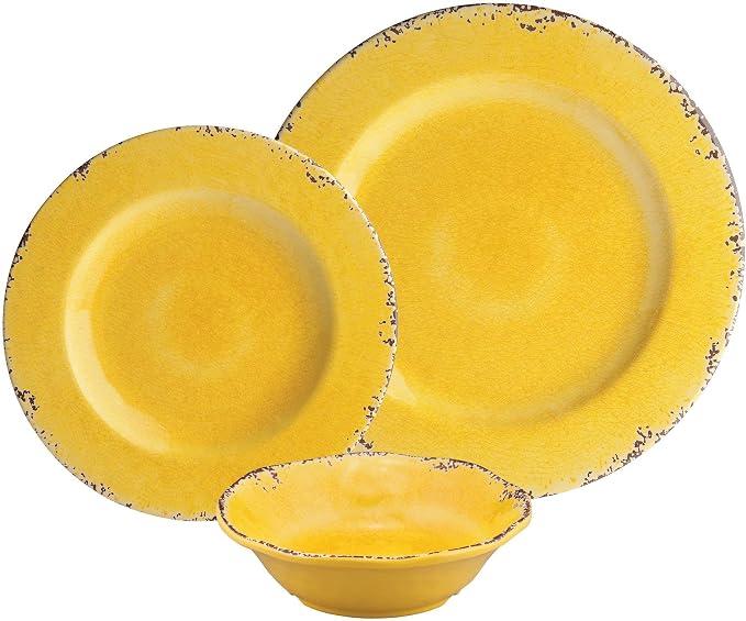 UPware 12 Piece Crackle Melamine Dinnerware Sets, Outdoor Dishes Set, Plates and Bowls Sets, Service for 4, Yellow