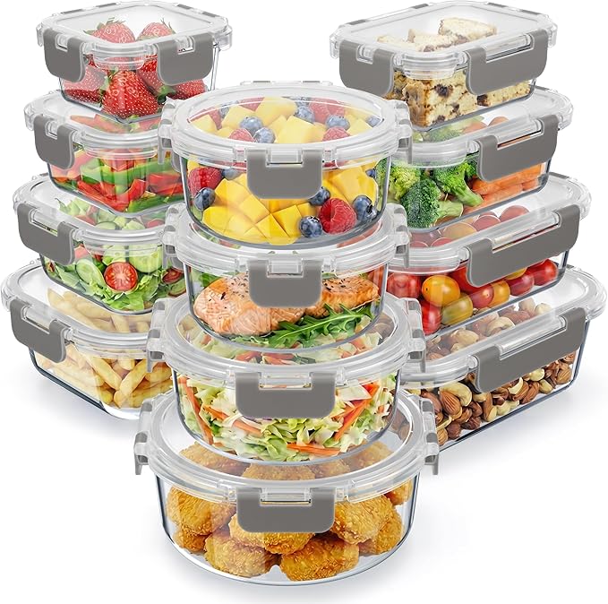 Emporio Kitchen Borosilicate Glass Food Storage Containers with Lids 24 Pieces, BPA-Free Stackable Lunch & Leftover Containers, Microwave, Freezer & Dishwasher Safe, 100% Airtight Leak-Proof, Gray