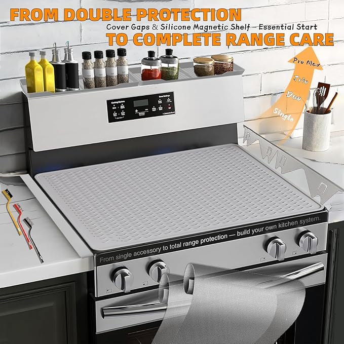 Stove Gap Covers Stainless Steel 2PC(0.08"–0.7"W,13.8"–27.5"L) + 30"(2x15") Magnetic Stove Shelf|2-in-1 Adjustable Counter Gap Filler&Range Organizer|Heat Resistant Bonus Cleaning Brushes&Pads