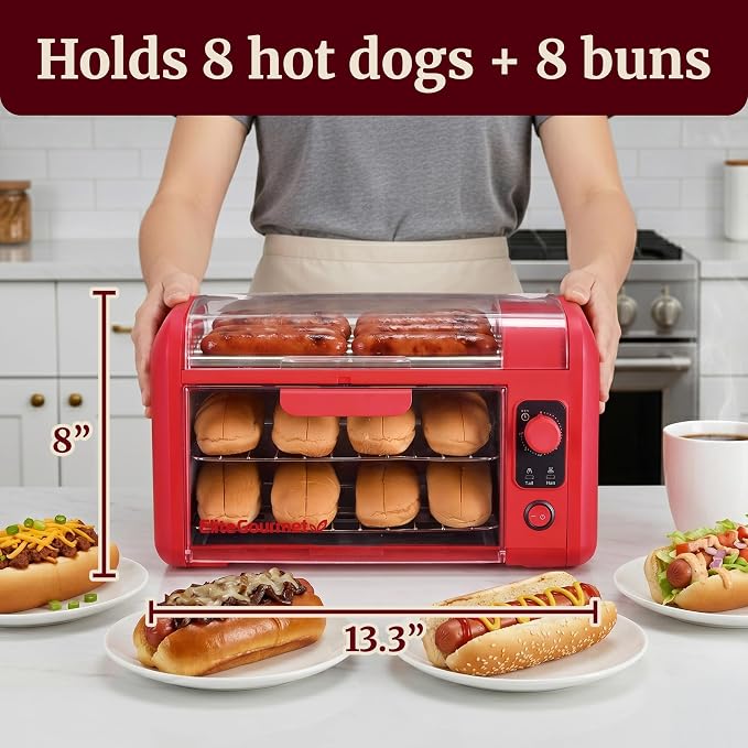 Elite Gourmet 8 Hot Dog Roller & Toaster Oven | 5 Stainless Steel Rollers, 30-Min Timer, Auto Shut-Off, 2 Warming Racks, Bun Warmer, Drip Pan | Cooks Brats, Sausages, Taquitos | Red