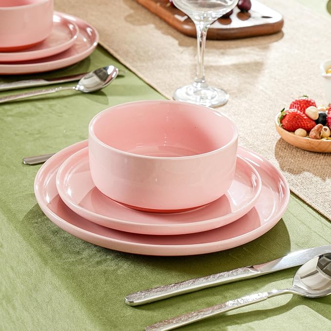 6 Piece Ceramic Plates and Bowls Sets for 2, Elegant Pink | Stoneware Dinnerware Set, Dishwasher & Microwave Safe, Handcrafted, Perfect for Family and Gatherings