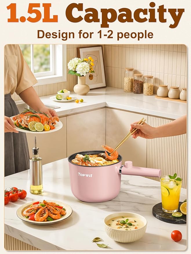 Topwit Hot Pot Electric with Steamer, 1.5L Ramen Cooker, Non-Stick Sauté Pan, Portable Cooking Pot, Electric Cooker with Dual Power Control, BPA Free, Over-Heating & Boil Dry Protection, Pink